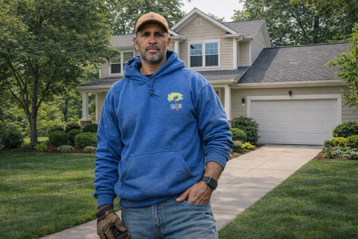 Man pruning branches of a tall tree