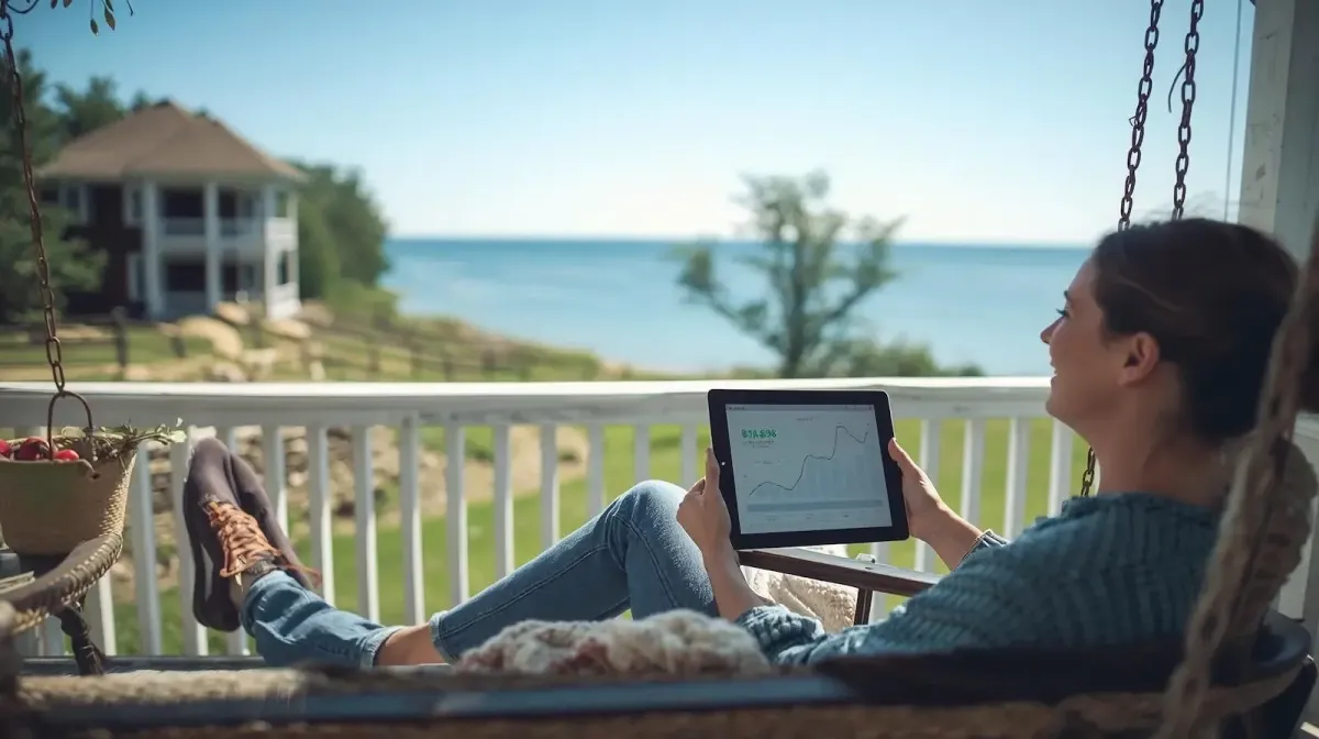 A property owner relaxing in a hammock on a deck overlooking Lake Huron while managing their vacation rental on a tablet