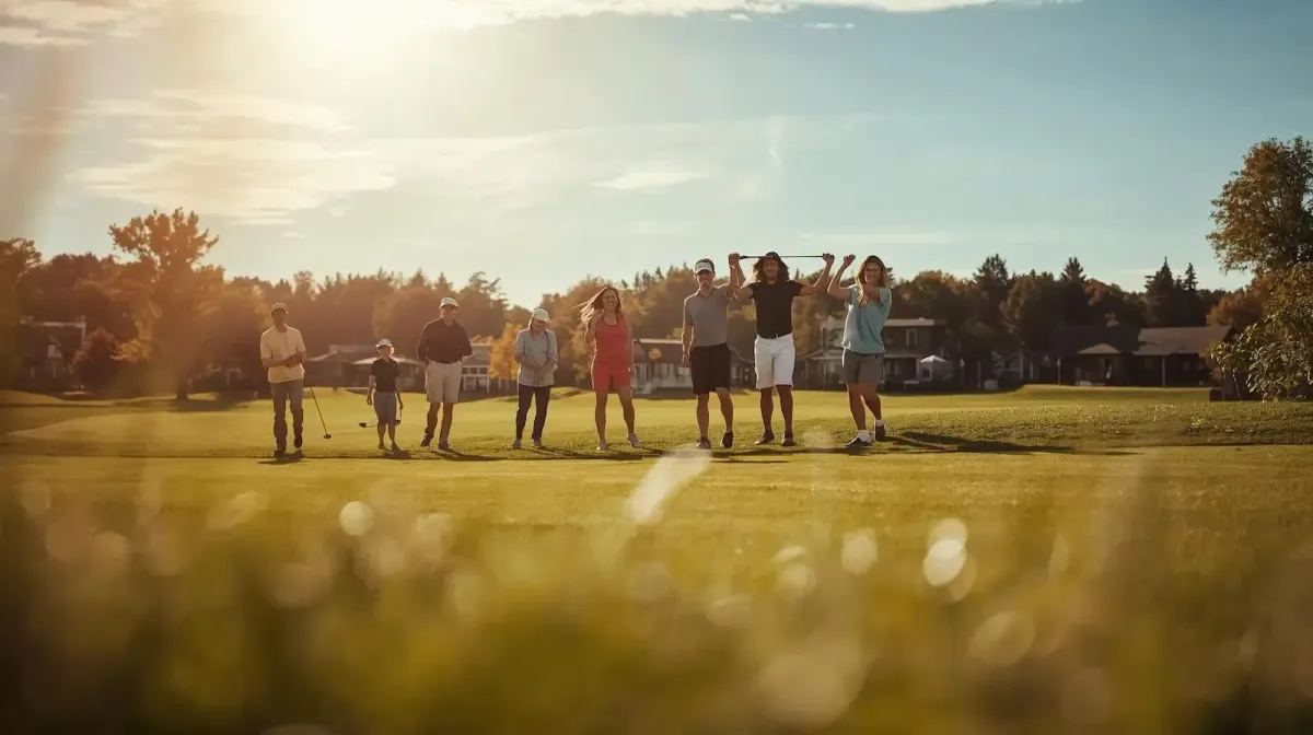 A group of golfers enjoying a sunny day on a green fairway near Au Gres, Michigan, with Lake Huron cabin rentals in the background.