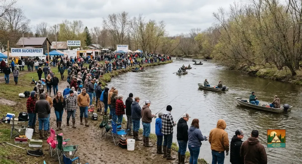 Anglers and families gathered along the banks of the Rifle River in Omer, Michigan, during the annual Suckerfest spring fishing run.