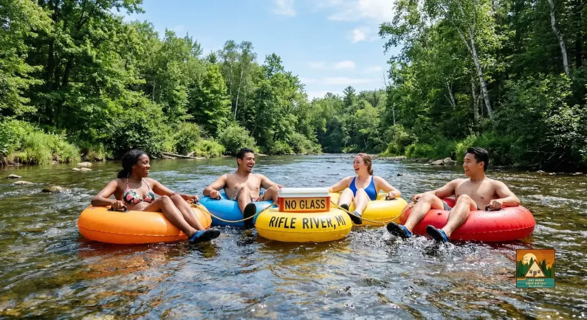 A group of friends happily tubing down the scenic, tree-lined Rifle River in Michigan on a sunny summer afternoon.