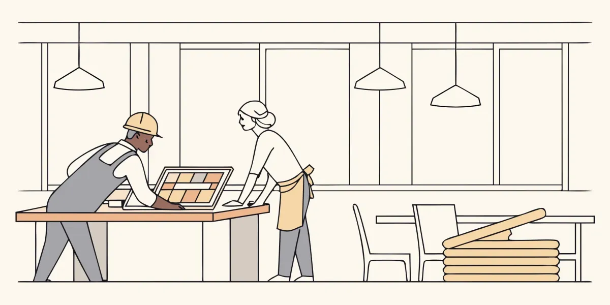 Contractors for a restaurant renovation company review plans for a commercial kitchen project.