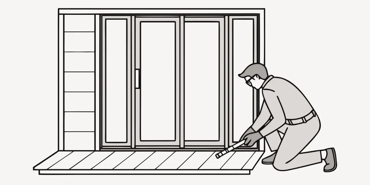 A contractor works on a sliding patio doors installation, fitting the new frame.