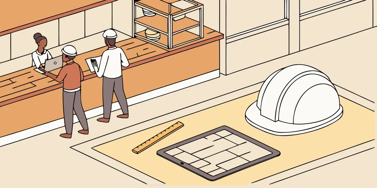 Contractors for restaurants reviewing blueprints and discussing a new construction project.