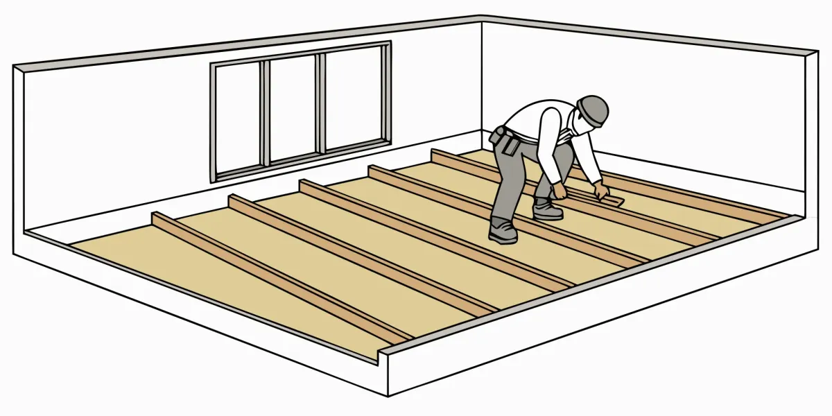 A worker installing engineered wood flooring, a key factor in the total labor cost.