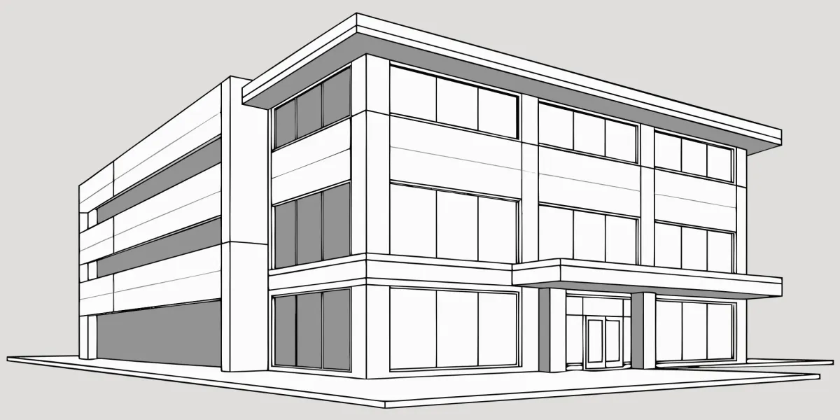A modern building sketch showing the streamlined process and benefits of using a design build firm.