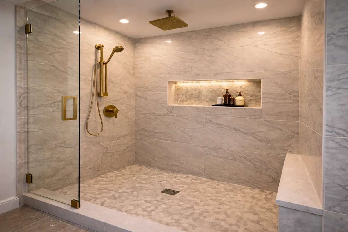 modern walk in shower los angeles glass enclosure tile walls rainfall shower design