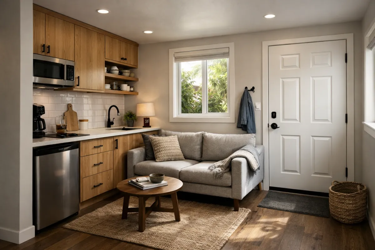 junior adu los angeles compact interior with kitchenette and small living space