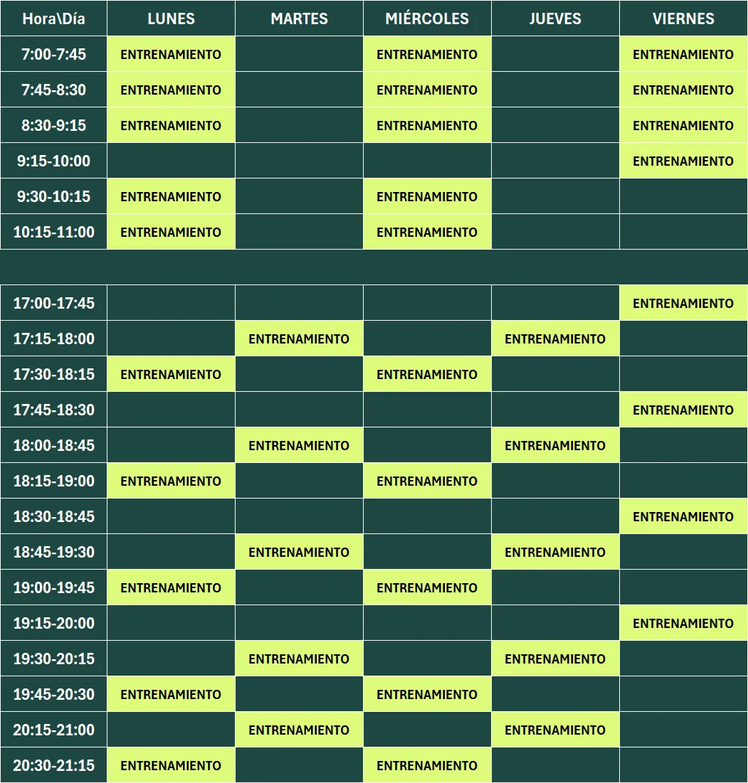 tabla con horario de clases del centro