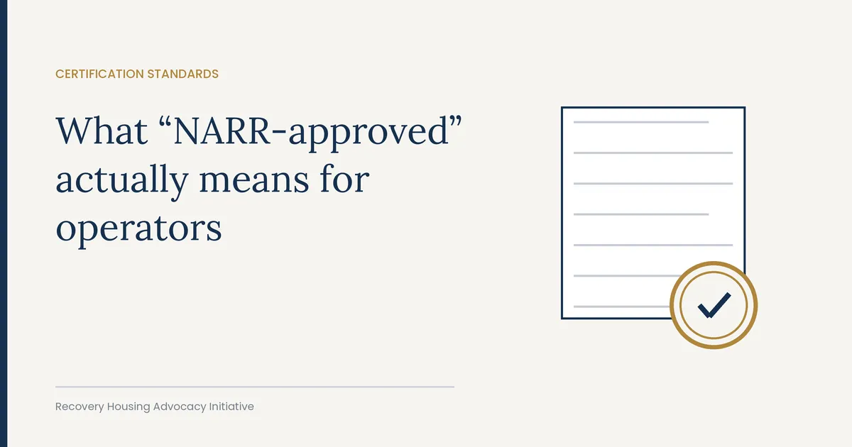 Illustration of a policy document with a certification seal, representing recovery residence certification standards