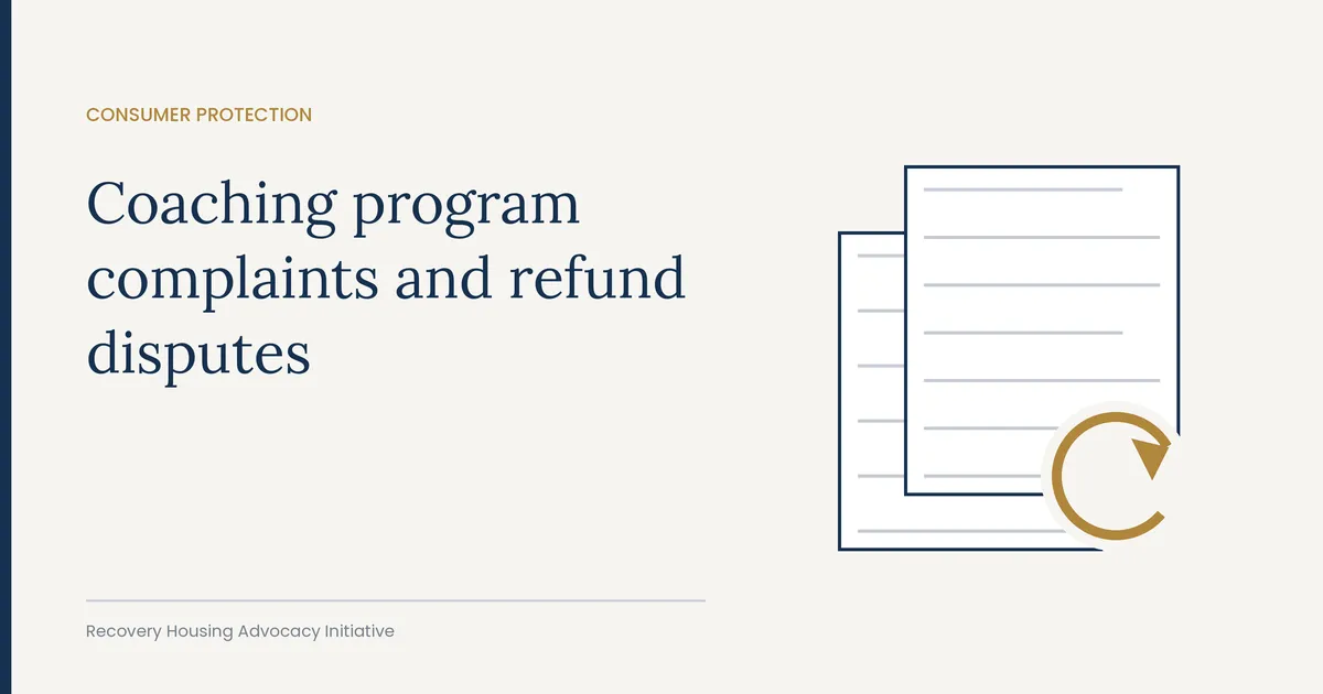 Illustration of stacked complaint documents with a refund symbol, representing sober living coaching refund disputes
