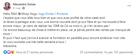 ALEXANDRA SUISSE NOT PARFAITE programme de coaching de témoignages pour les entrepreneurs de mode et les propriétaires de marques de commerce électronique pour les aider à développer leur activité en ligne