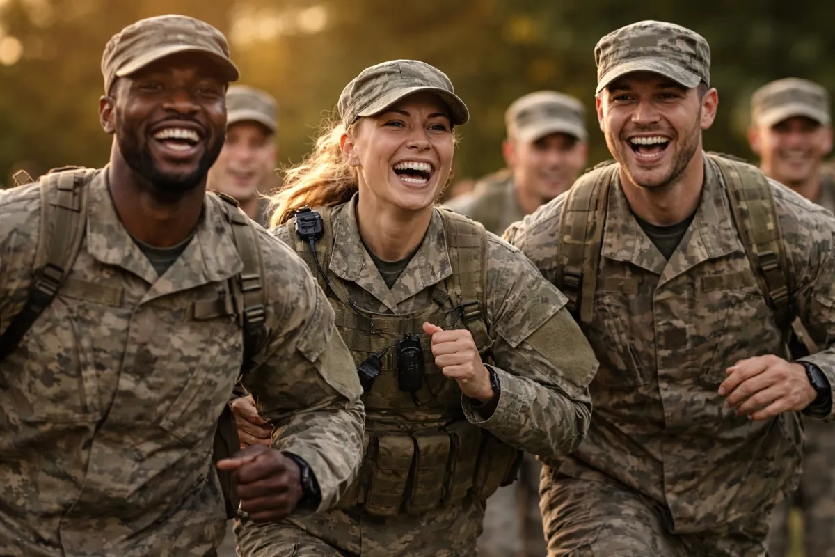 Military team in uniform walking calmly together, symbolizing solidarity and support