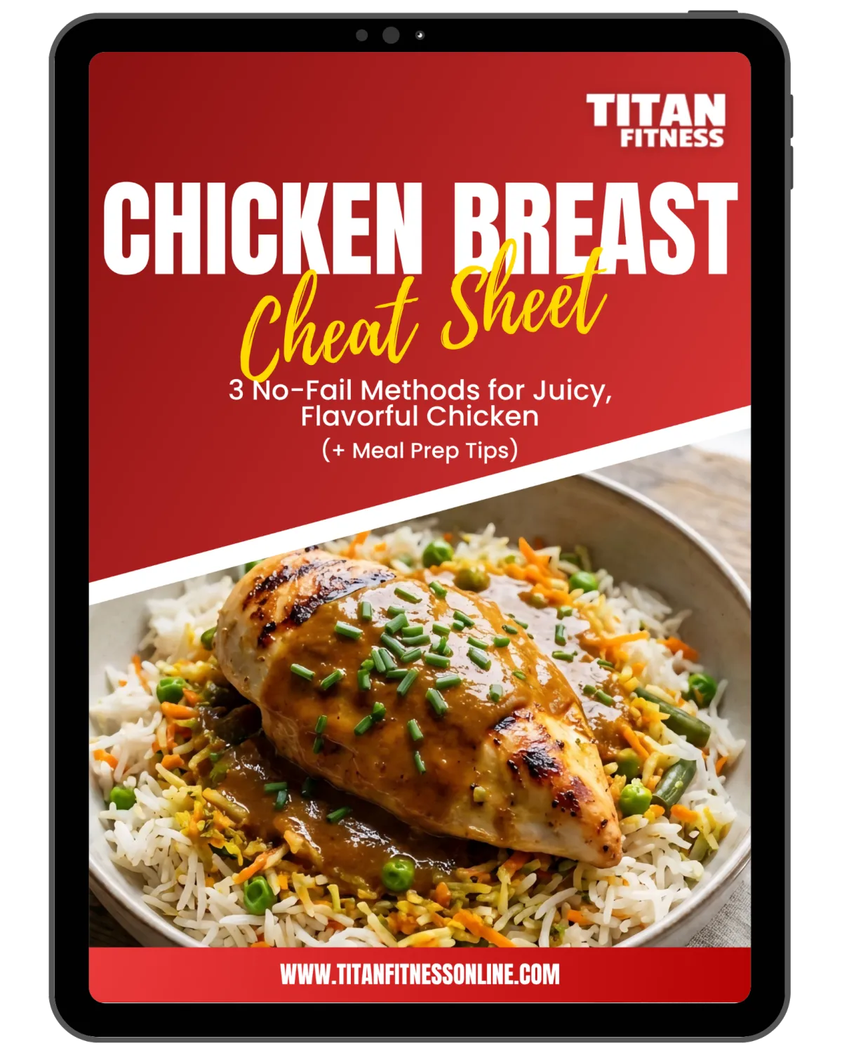Titan Fitness Chicken Breast Cheat Sheet featuring 3 no-fail methods for juicy, flavorful chicken plus meal prep tips.