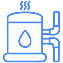 Blue line icon of a residential boiler system with piping and steam lines
