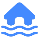 Blue icon of a flooded house with water rising, symbolizing water damage or plumbing disaster