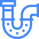 Blue plumbing icon of a P-trap or U-bend pipe used in residential drains