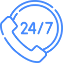 Blue icon of a phone receiver with 24/7 text indicating round-the-clock plumbing support