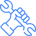 Blue line icon of a hand gripping a wrench, symbolizing plumbing repair services