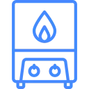Blue line icon of a gas-powered water heater with flame symbol for hot water systems