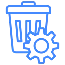 Blue icon of trash can with gear symbol, representing waste management or system cleanup settings
