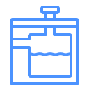 Blue icon of a water softener system with tank and water level indicator