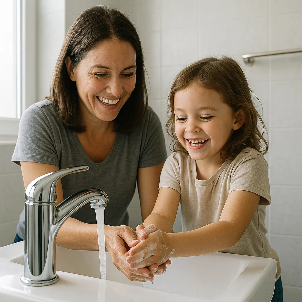 Smiling mother helping young daughter wash hands at bathroom sink with running water