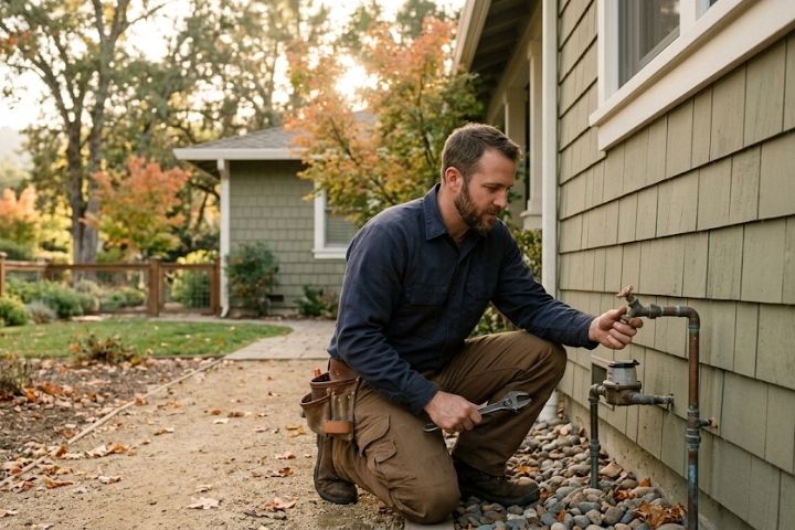 A plumber checking an outdoor faucet as part of seasonal plumbing maintenance.