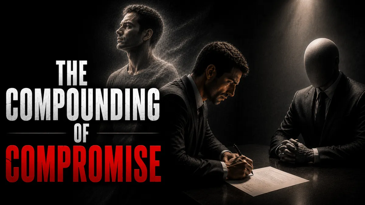 A diagnostic pillar on how compromise begins as necessity, compounds through misalignment, and ends when a man mistakes the wrong life for his own.