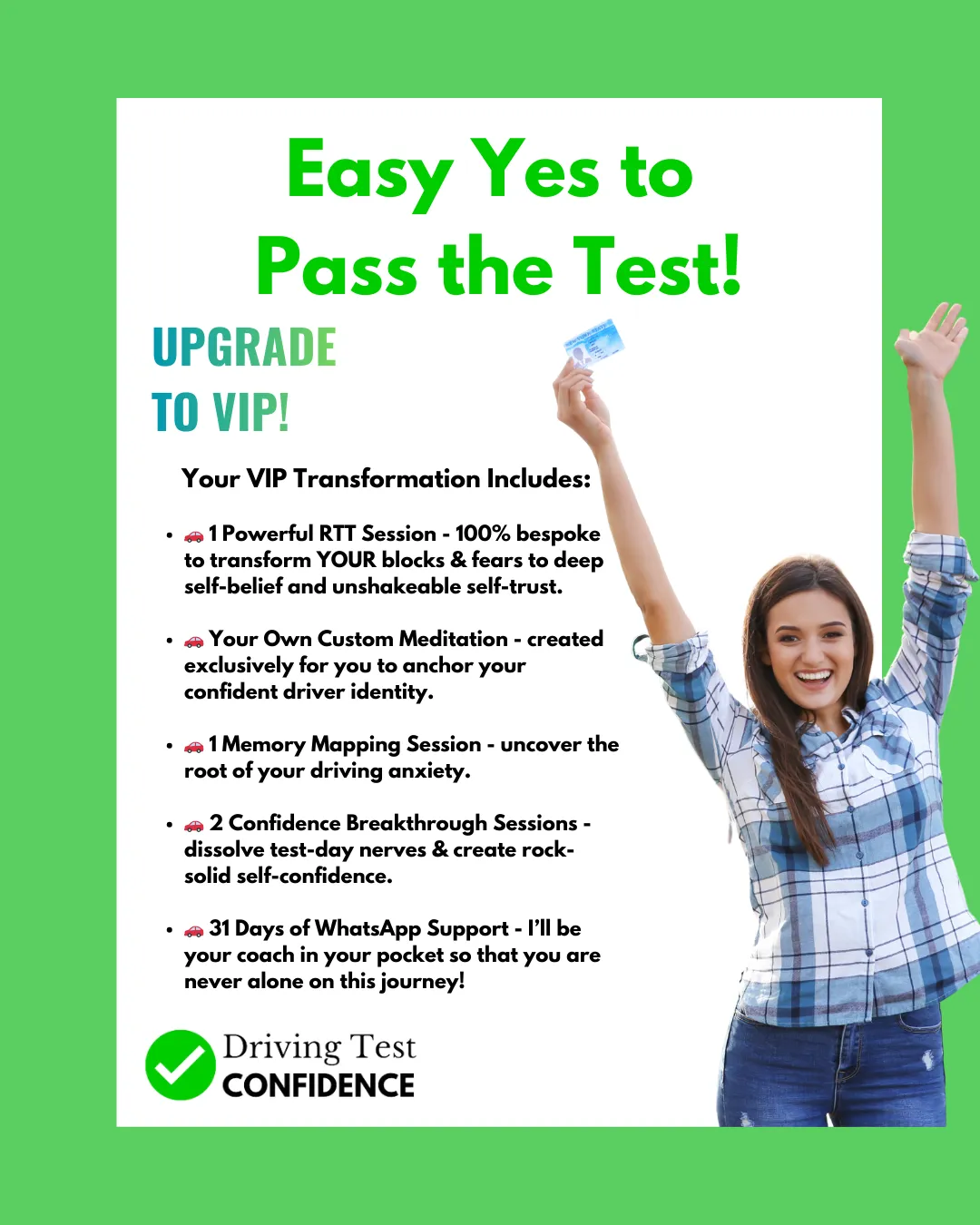 Happy learner driver celebrating confidence and success before passing the driving test