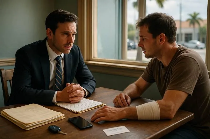 A personal injury lawyer with an empathetic expression consults a car accident victim with a bandaged arm in a sunlit Lake Worth office, surrounded by medical files, a notepad, smartphone, car keys, and a business card, conveying support and legal guidance.