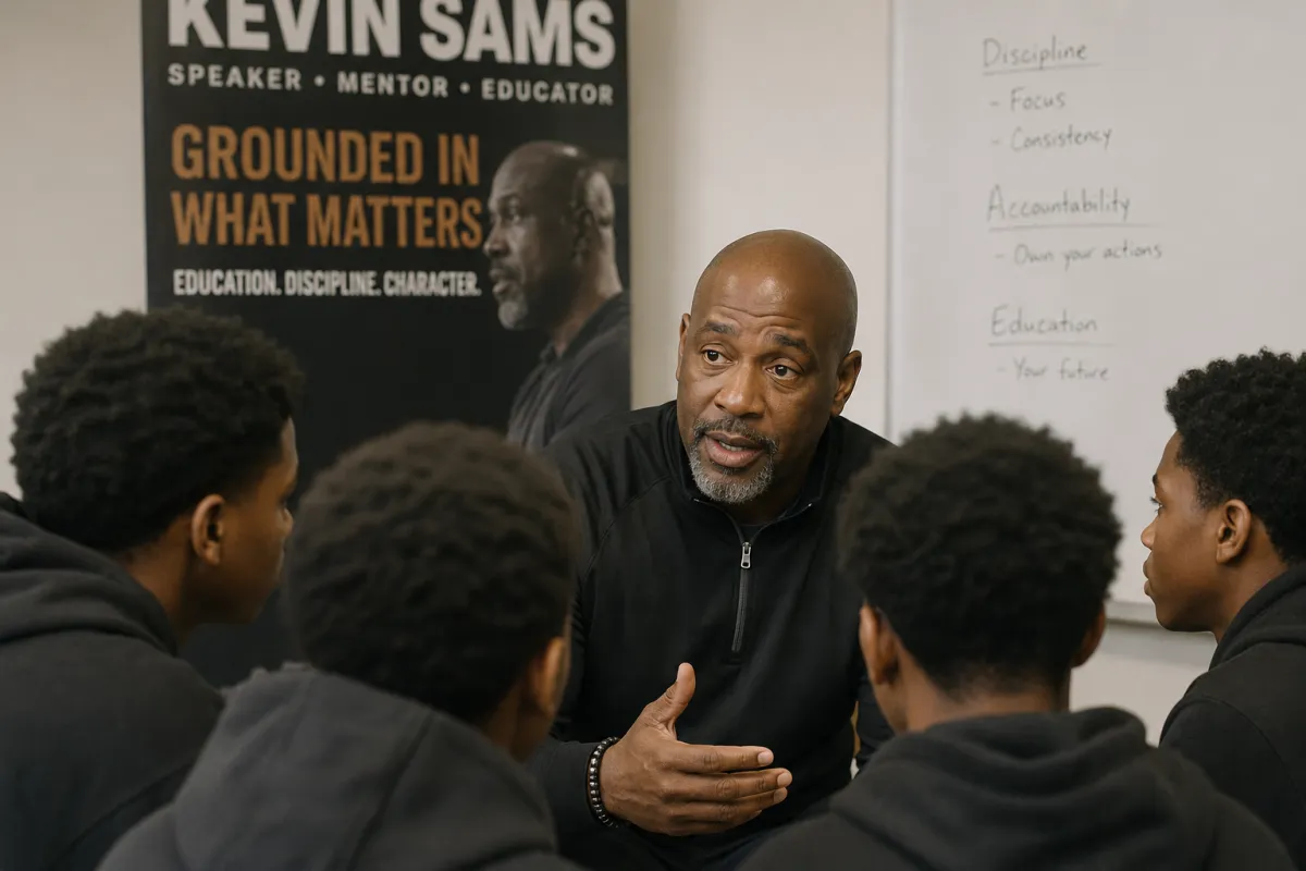 Kevin Sams speaking and interacting with the community in a documentary-style photo