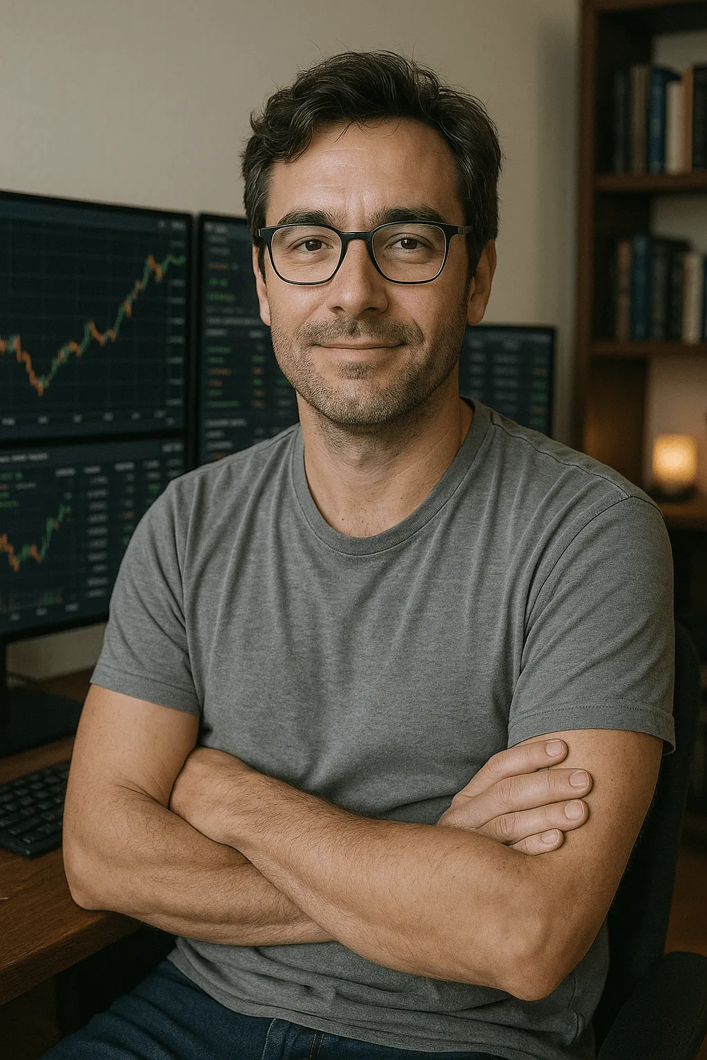 Trader sitting at his trading desk.