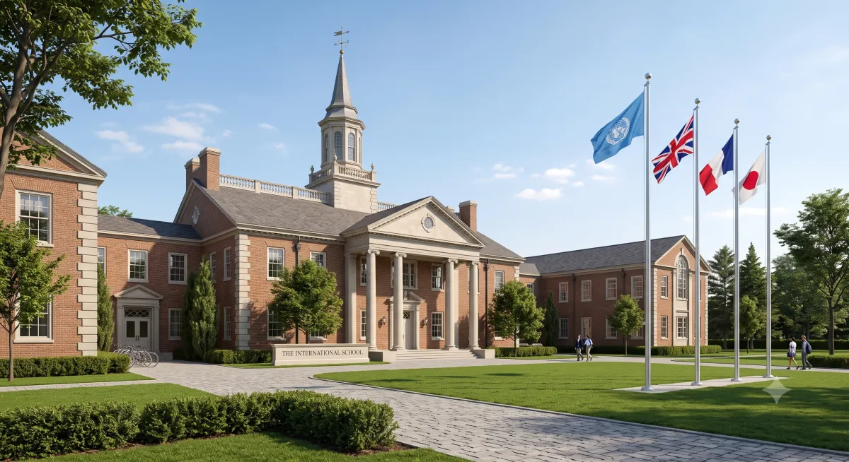 Exterior of a classic brick international school campus flying global flags, representing international school leadership placements.