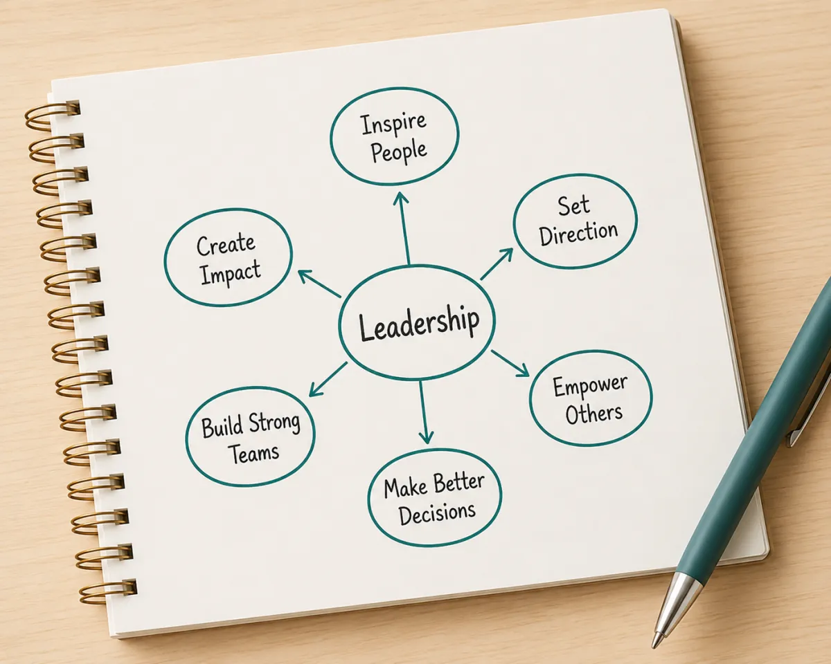 A notebook displaying a leadership mind map with core competencies including inspiring people, setting direction, making better decisions, and building strong teams.