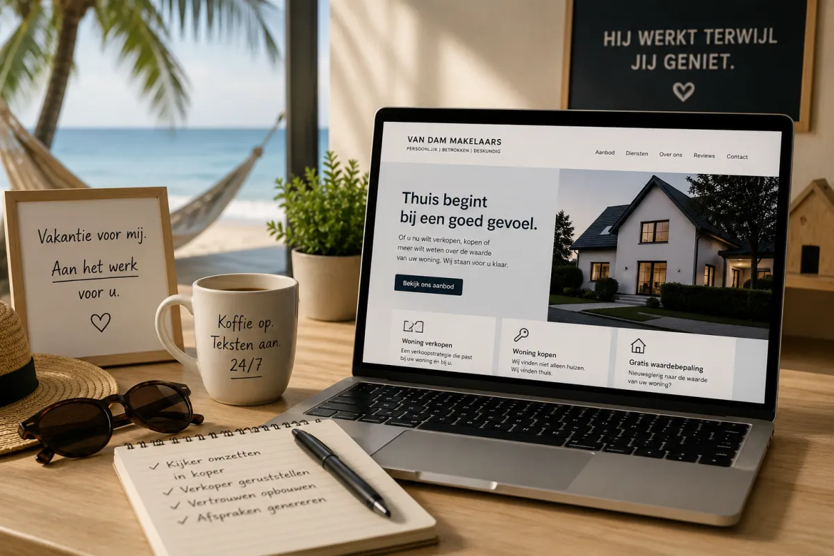 Een laptop met een makelaarswebsite staat op een bureau met uitzicht op een zomers strand. De afbeelding symboliseert hoe sterke woningteksten en websiteteksten voor makelaars blijven werken, ook wanneer jij vakantie hebt.
