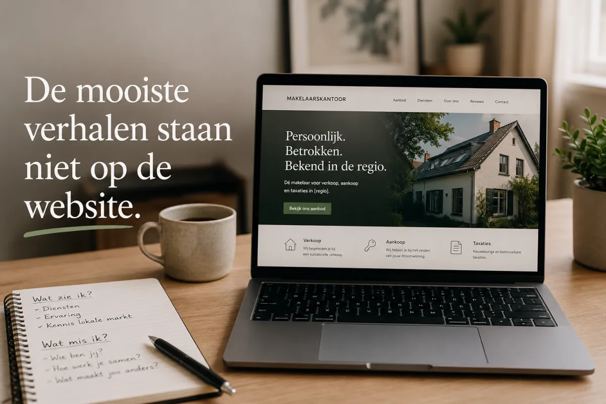 Een laptop met een makelaarswebsite en notities van een websiteanalyse op een bureau. De afbeelding symboliseert hoe een kritische analyse zichtbaar maakt welke vragen een makelaarswebsite beantwoordt én welke juist onbeantwoord blijven.