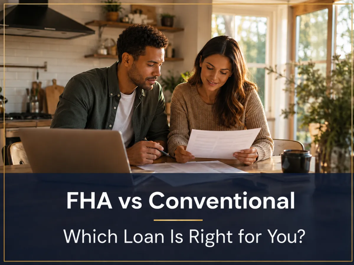 Couple reviewing mortgage documents at kitchen table with text overlay FHA vs Conventional Which Loan Is Right for You