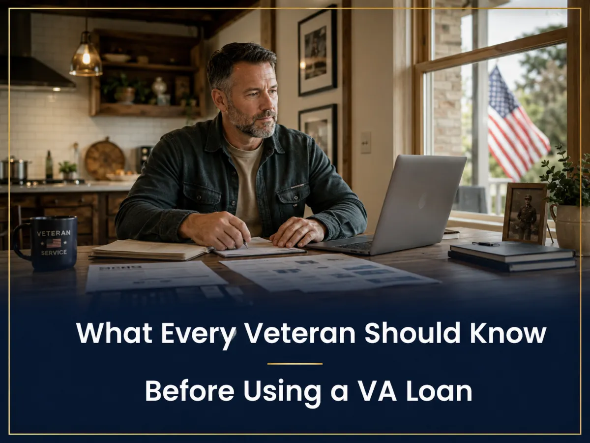 Veteran reviewing VA home loan documents at kitchen table with text overlay What Every Veteran Should Know Before Using a VA Loan
