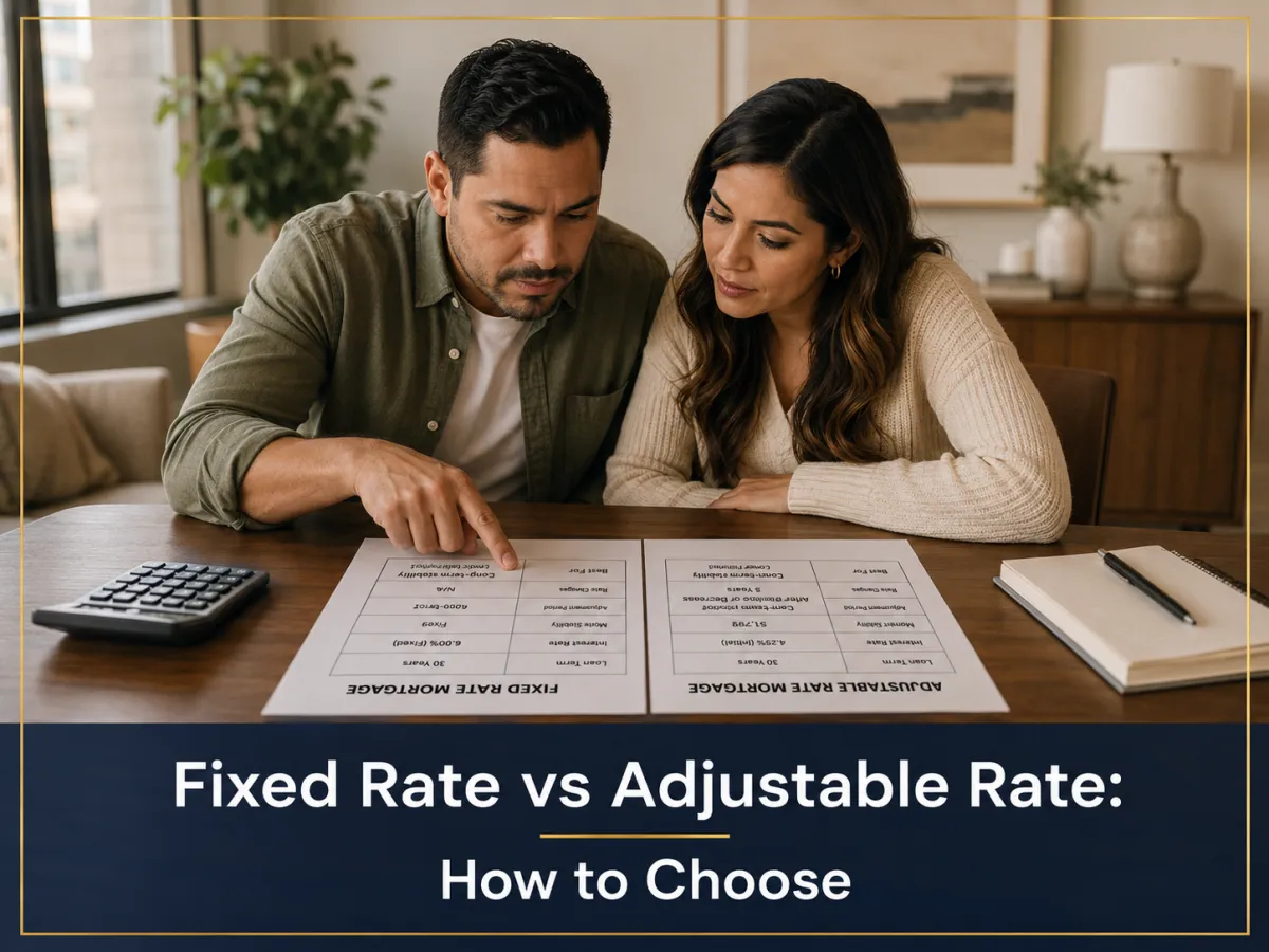 Couple comparing fixed rate and adjustable rate mortgage documents at dining table with text overlay Fixed Rate vs Adjustable Rate How to Choose