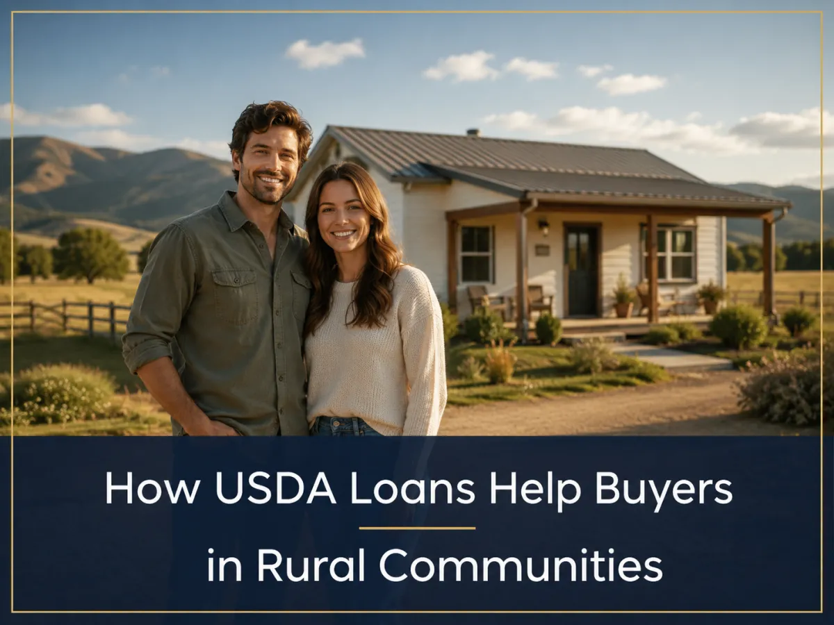 Couple standing in front of rural home with open land in background and text overlay How USDA Loans Help Buyers in Rural Communities