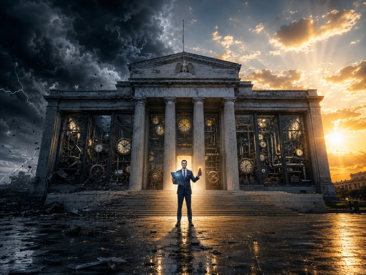 Man in suit standing before Federal Reserve building with storm clouds and lightning on left giving way to golden sunrise on right, clock mechanisms visible in building facade representing institutional reset