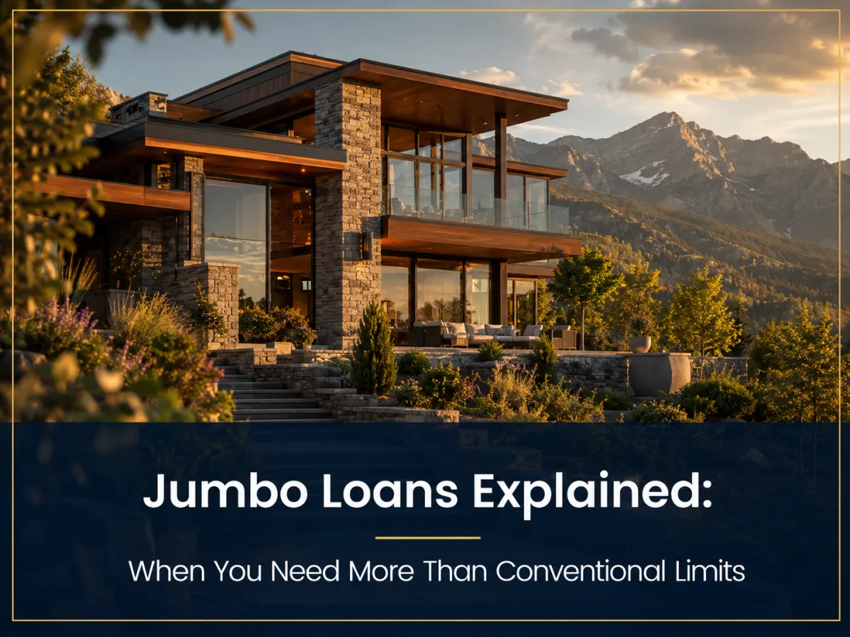 Luxury mountain home exterior at golden hour with text overlay Jumbo Loans Explained When You Need More Than Conventional Limits