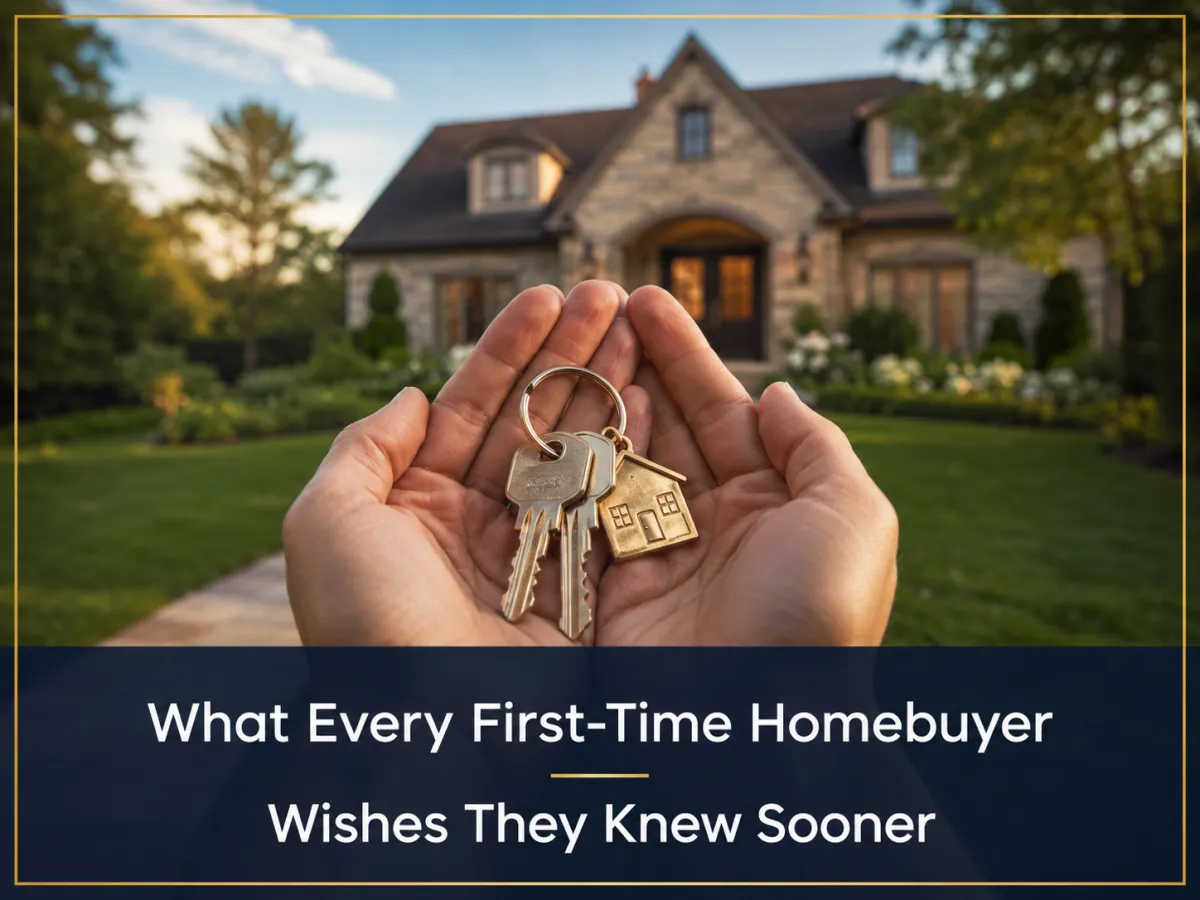 Hands holding house keys in front of first home with text overlay What Every First-Time Homebuyer Wishes They Knew Sooner
