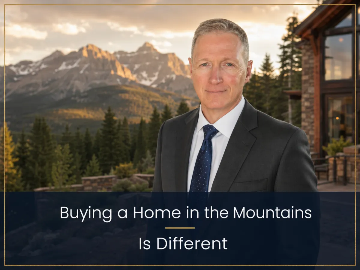 Rich Flanery Peak Capital Mortgage LLC with Rocky Mountain backdrop and text overlay Buying a Home in the Mountains Is Different
