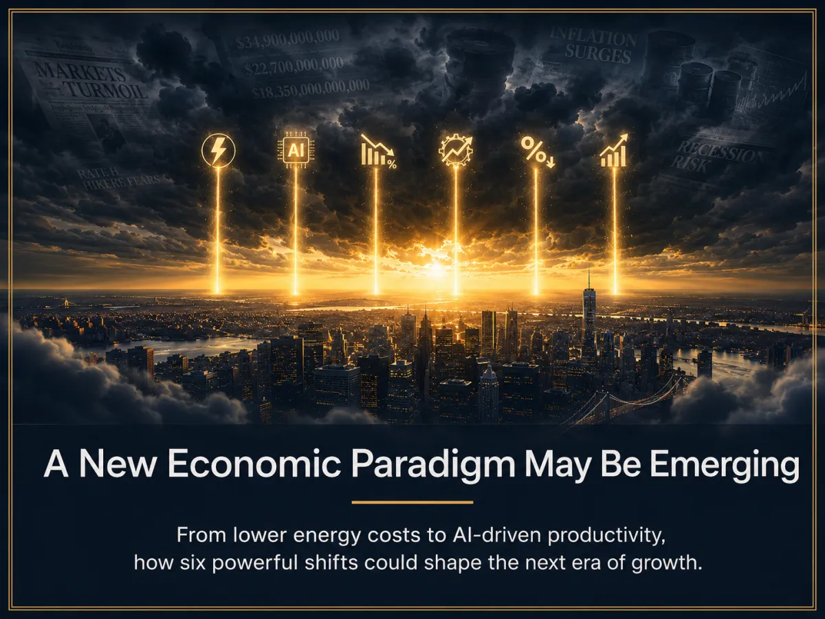 City skyline at sunset with six golden light beams rising through storm clouds, each topped with icons for energy, AI, growth, productivity, rates, and markets, representing forces driving a new economic paradigm