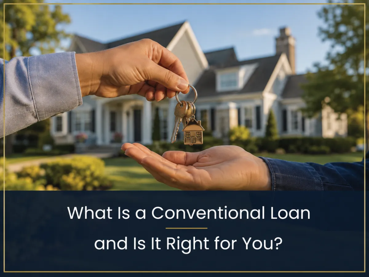 House keys exchanged in front of suburban home with text overlay What Is a Conventional Loan and Is It Right for You
