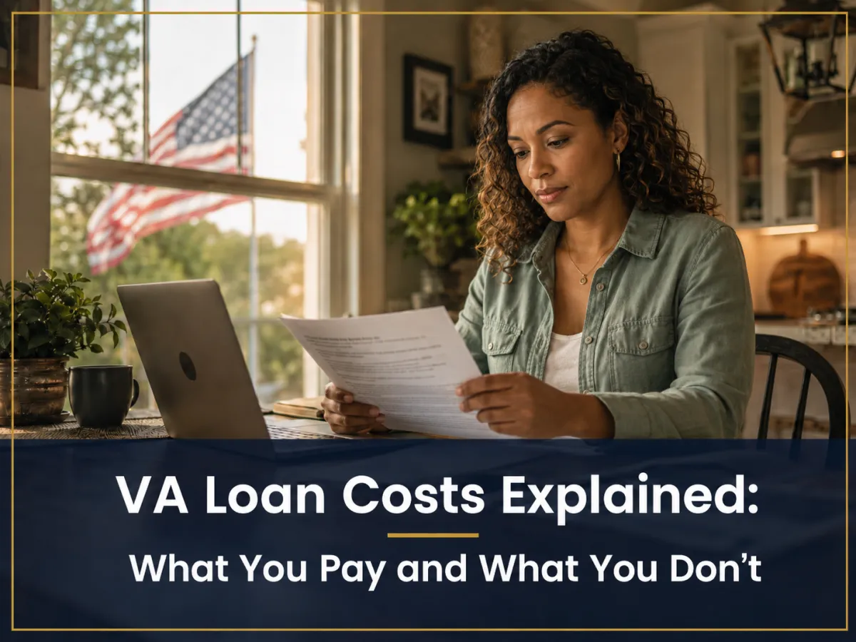 Veteran reviewing VA loan documents at kitchen table with text overlay VA Loan Costs Explained What You Pay and What You Don't