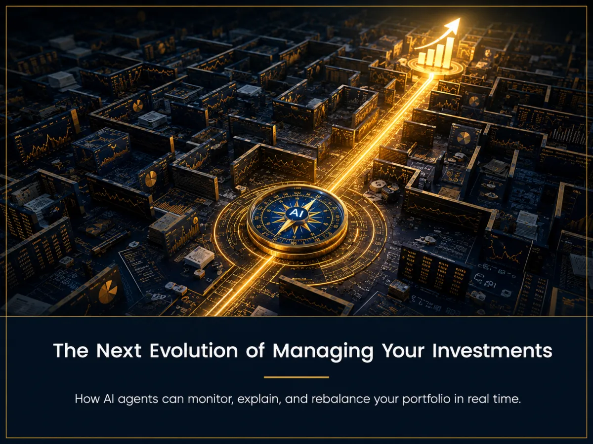 AI compass at center of complex financial data maze with golden path leading to rising growth chart, representing AI agents navigating investment management