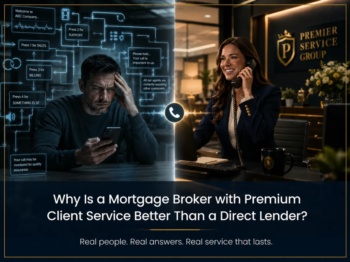 Stressed caller in an automated phone tree next to a smiling mortgage broker offering premium service